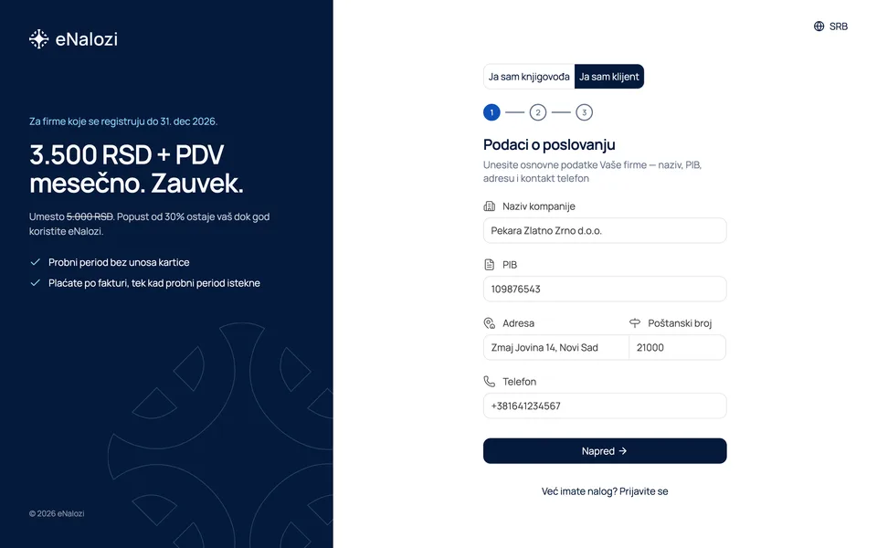 Popunjena polja koraka Podaci o poslovanju: naziv kompanije, PIB, adresa, poštanski broj i telefon