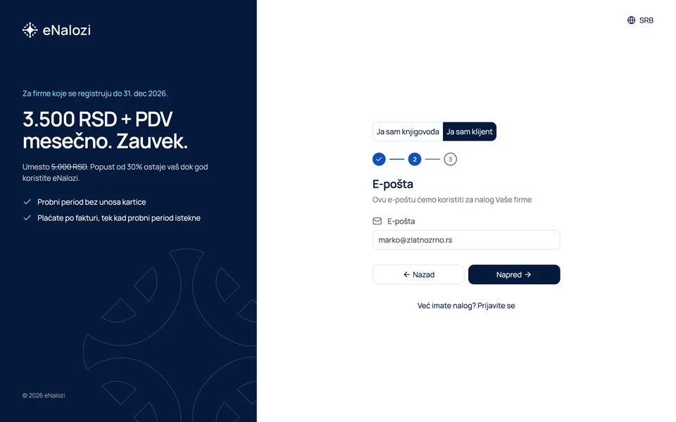 Drugi korak registracije sa unetom adresom e-pošte firme