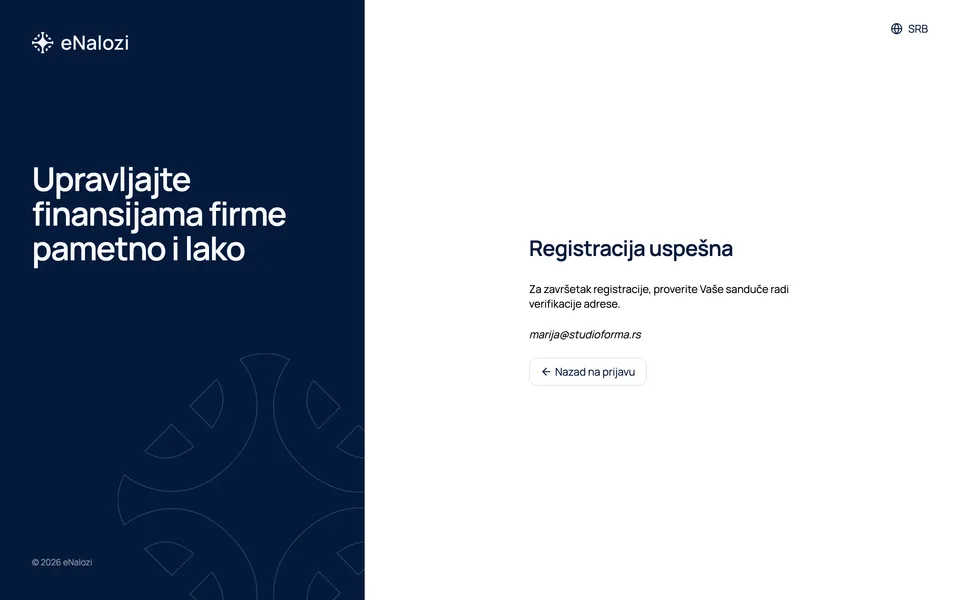 Ekran Registracija uspešna sa porukom da proverite sanduče radi verifikacije adrese marija@studioforma.rs