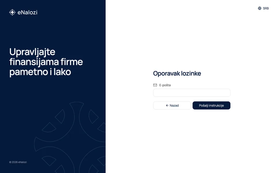 Ekran Oporavak lozinke sa poljem za e-poštu i dugmetom Pošalji instrukcije