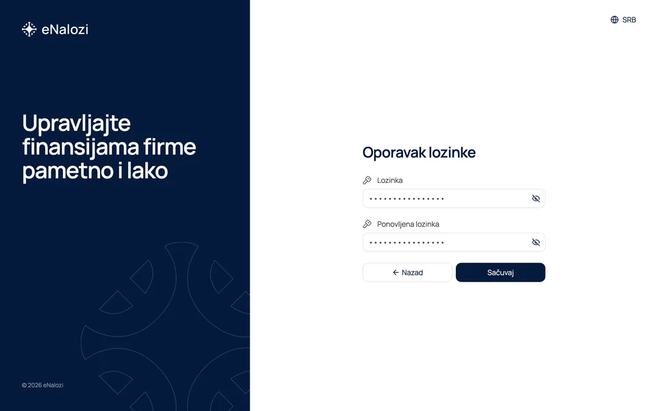 Ekran Oporavak lozinke sa poljima za novu lozinku i ponovljenu lozinku
