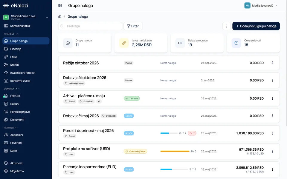 Lista grupa naloga sa dugmetom Dodaj novu grupu naloga