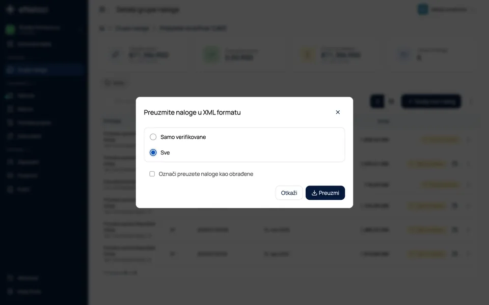 Prozor za preuzimanje naloga u XML formatu sa izborom naloga