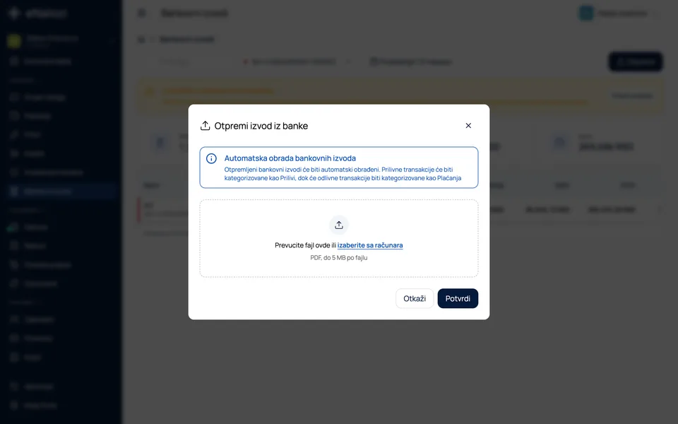 Prozor za otpremanje izvoda iz banke u PDF formatu