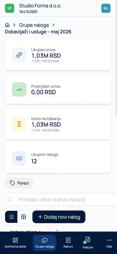 Detalji grupe naloga na telefonu sa dugmetom Dodaj novi nalog