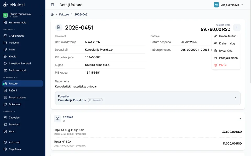 Detalji ulazne fakture 2026-0451 sa otvorenim menijem akcija i stavkom Kreiraj nalog