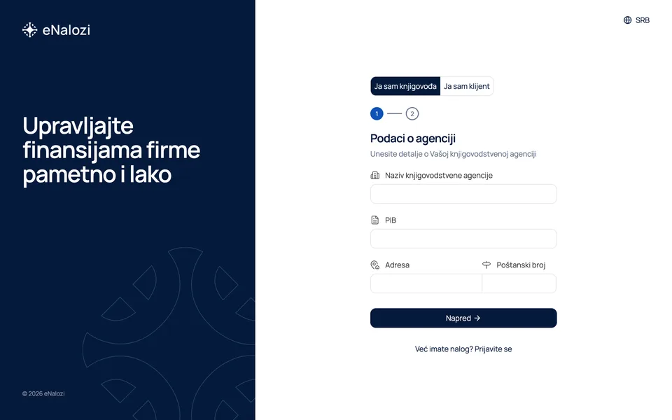 Stranica za registraciju sa izabranom opcijom Ja sam knjigovođa i praznim poljima za podatke o agenciji