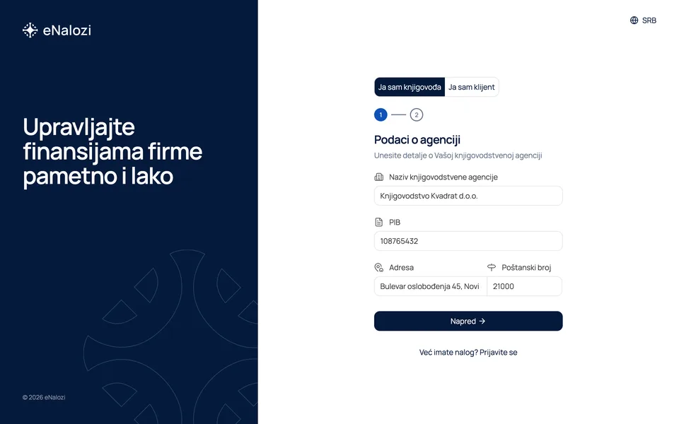 Registracija agencije, korak Podaci o agenciji, sa popunjenim nazivom Knjigovodstvo Kvadrat d.o.o., PIB-om i adresom