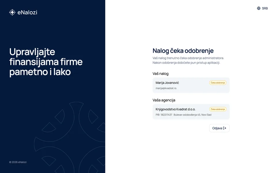 Ekran Nalog čeka odobrenje sa nalogom Marija Jovanović i agencijom Knjigovodstvo Kvadrat d.o.o., obe sa statusom Čeka odobrenje