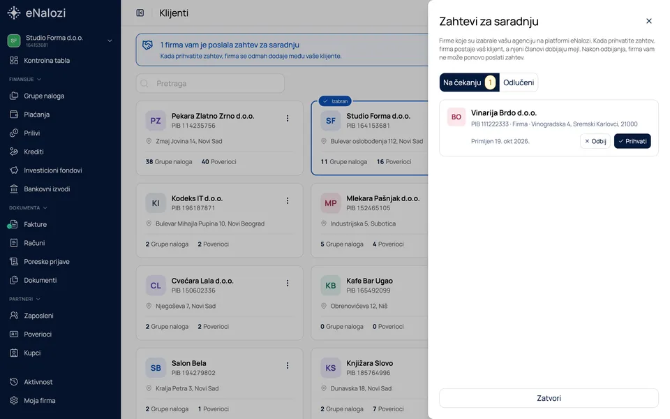 Panel Zahtevi za saradnju na tabu Na čekanju sa zahtevom firme Vinarija Brdo i dugmićima Odbij i Prihvati