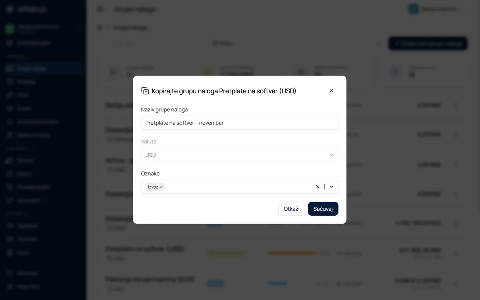 Prozor Kopirajte grupu naloga Pretplate na softver (USD) sa poljima za naziv, valutu i oznake