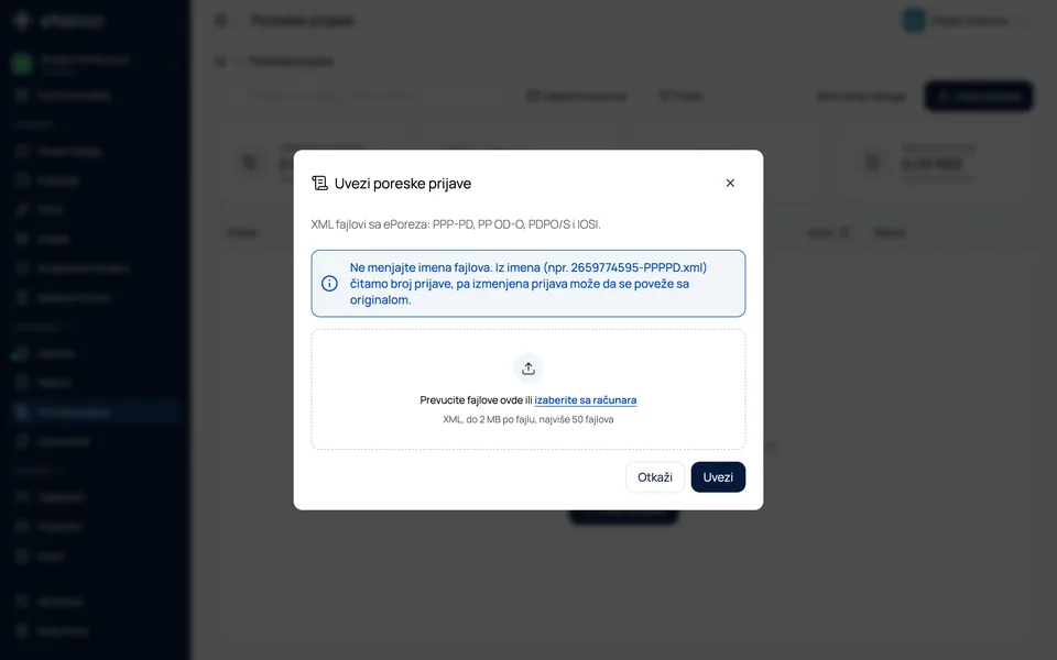 Prozor za uvoz poreskih prijava sa upozorenjem o imenima fajlova i poljem za otpremu XML fajlova