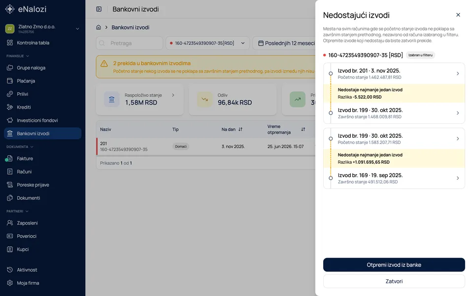 Panel Nedostajući izvodi sa dva prekida na računu, za svaki početno i završno stanje susednih izvoda i razlika
