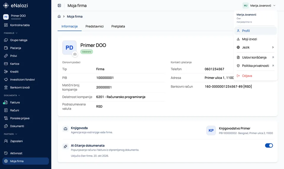 Otvoren meni korisnika sa stavkom Profil