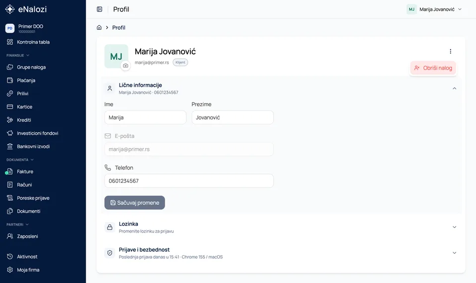 Stranica Profil sa otvorenim menijem na kartici naloga i opcijom Obriši nalog