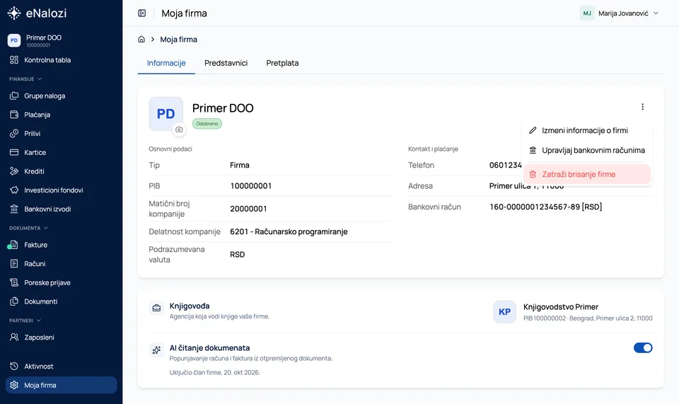 Moja firma, kartica Informacije, sa otvorenim menijem i opcijom Zatraži brisanje firme